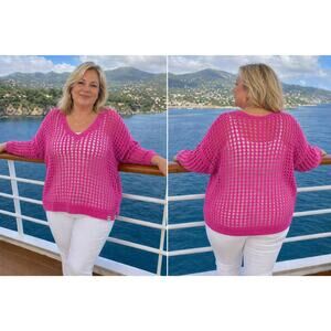 DKNY Jeans 1X Pink Open Knit Crochet Sweater V-Neck Cotton Lightweight NWT